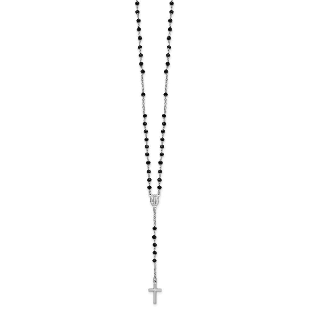 Sterling Silver Rhodium Plated Black Crystal 18.5in with 1in Ext. Rosary Necklac
