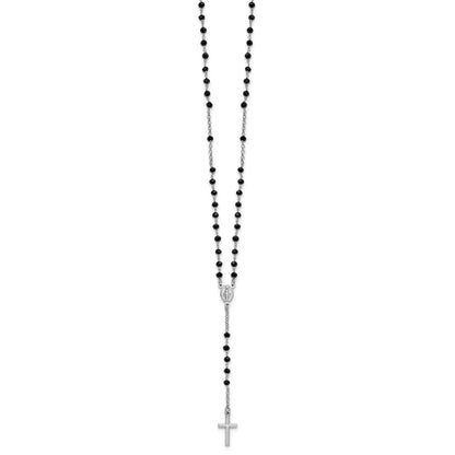 Sterling Silver Rhodium Plated Black Crystal 18.5in with 1in Ext. Rosary Necklac
