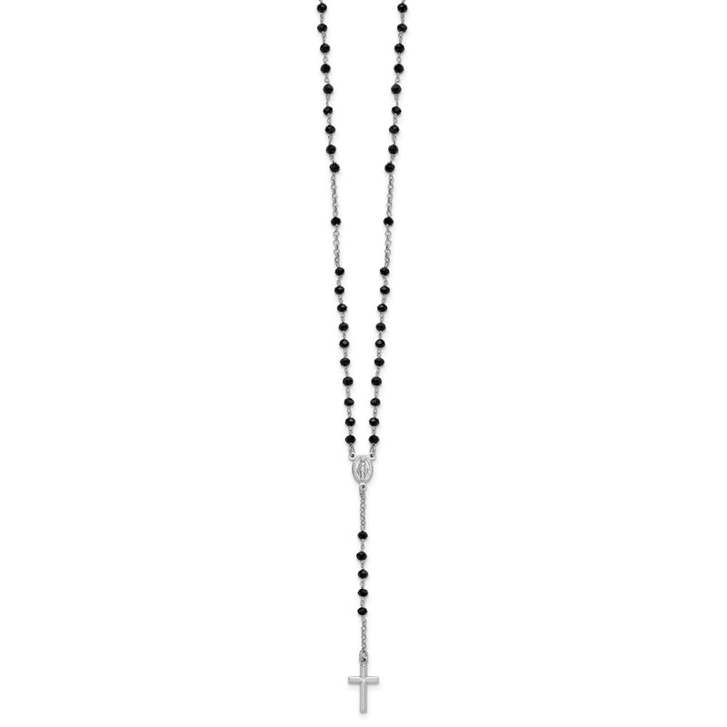 Sterling Silver Rhodium Plated Black Crystal 18.5in with 1in Ext. Rosary Necklac