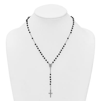 Sterling Silver Rhodium Plated Black Crystal 18.5in with 1in Ext. Rosary Necklac