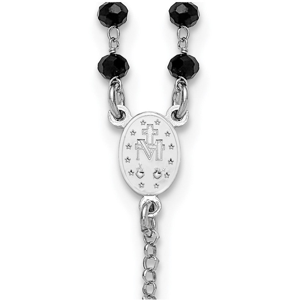 Sterling Silver Rhodium Plated Black Crystal 18.5in with 1in Ext. Rosary Necklac