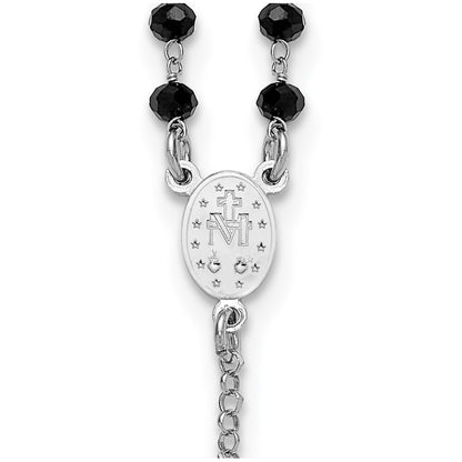 Sterling Silver Rhodium Plated Black Crystal 18.5in with 1in Ext. Rosary Necklac