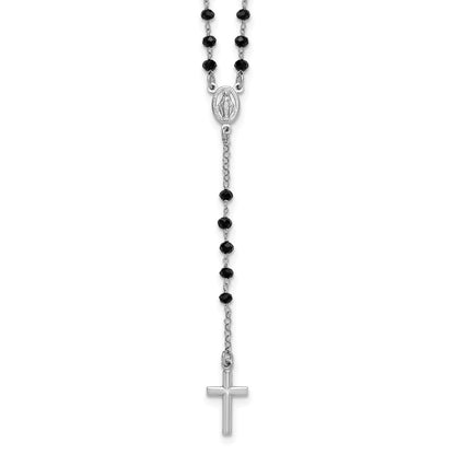 Sterling Silver Rhodium Plated Black Crystal 18.5in with 1in Ext. Rosary Necklac