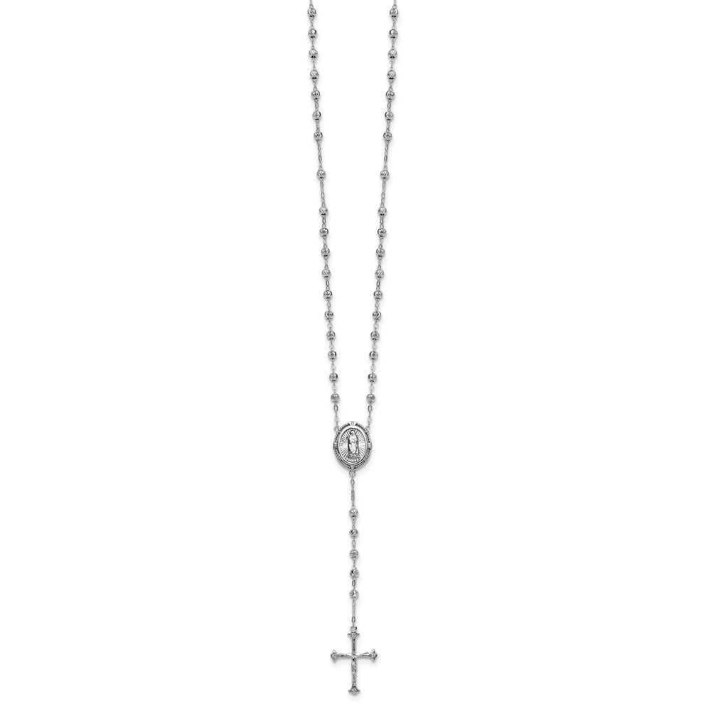 Sterling Silver Rhodium-Plated CZ Diamond Cut 18in Rosary Necklace