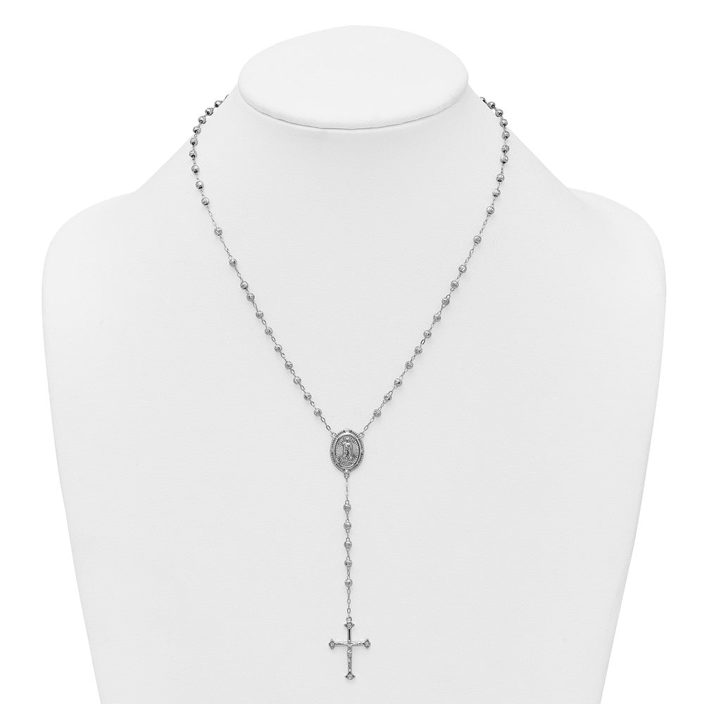 Sterling Silver Rhodium-Plated CZ Diamond Cut 18in Rosary Necklace