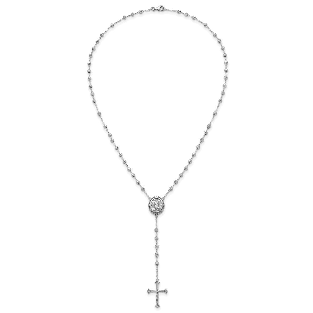Sterling Silver Rhodium-Plated CZ Diamond Cut 18in Rosary Necklace