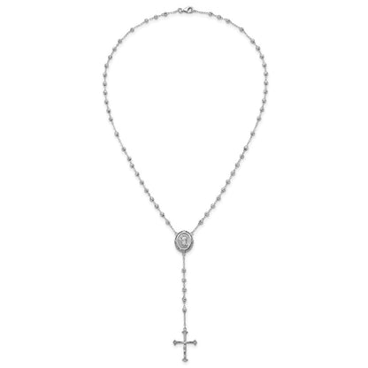 Sterling Silver Rhodium-Plated CZ Diamond Cut 18in Rosary Necklace