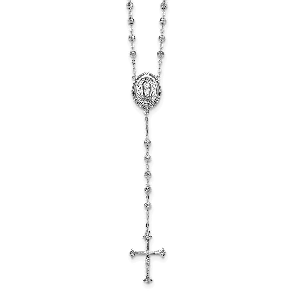 Sterling Silver Rhodium-Plated CZ Diamond Cut 18in Rosary Necklace