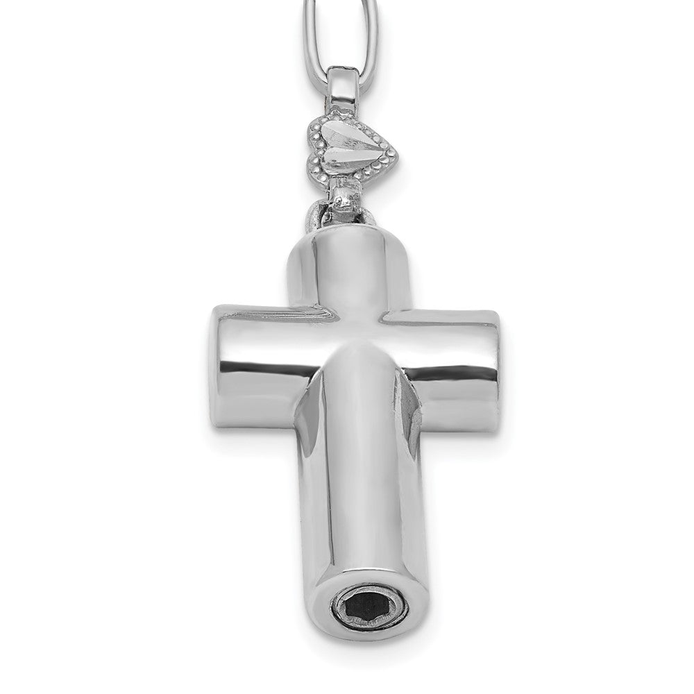 Sterling Silver Rhodium Plated CZ 26.5in Heart Link Cross Ash Holder Necklace