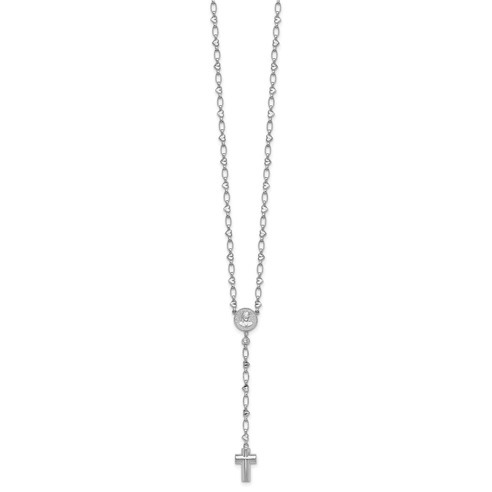 Sterling Silver Rhodium Plated CZ 26.5in Heart Link Cross Ash Holder Necklace