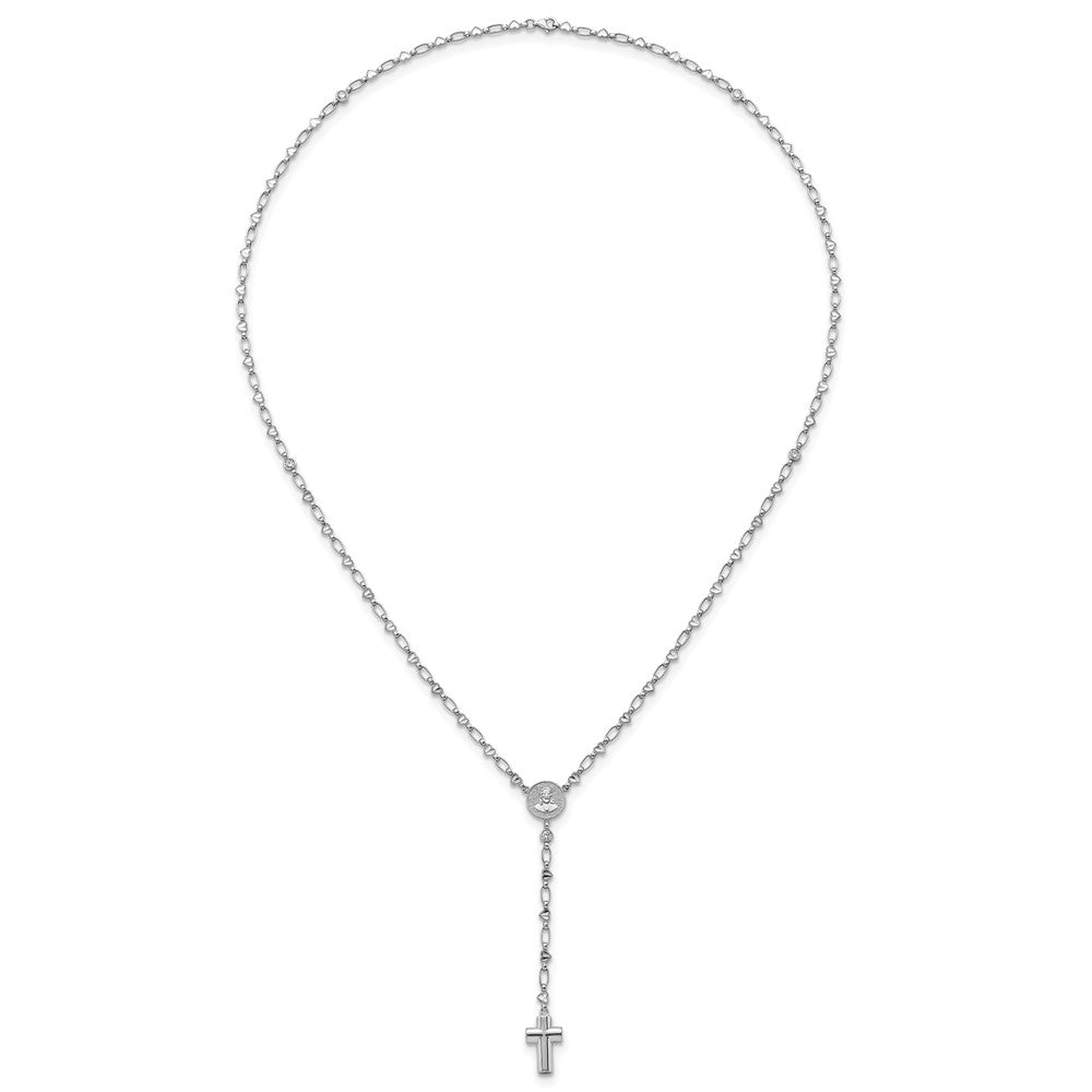Sterling Silver Rhodium Plated CZ 26.5in Heart Link Cross Ash Holder Necklace