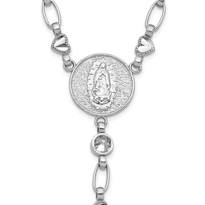 Sterling Silver Rhodium Plated CZ 26.5in Heart Link Cross Ash Holder Necklace