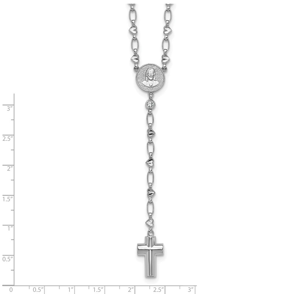 Sterling Silver Rhodium Plated CZ 26.5in Heart Link Cross Ash Holder Necklace