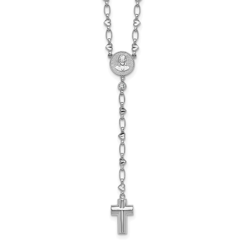 Sterling Silver Rhodium Plated CZ 26.5in Heart Link Cross Ash Holder Necklace