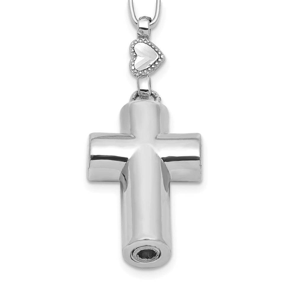 Sterling Silver Rhodium Plated CZ 28.5in Hrt/cross Link Cross Ash Holder Necklac