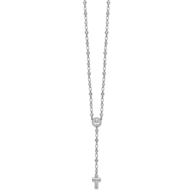 Sterling Silver Rhodium Plated CZ 28.5in Hrt/cross Link Cross Ash Holder Necklac
