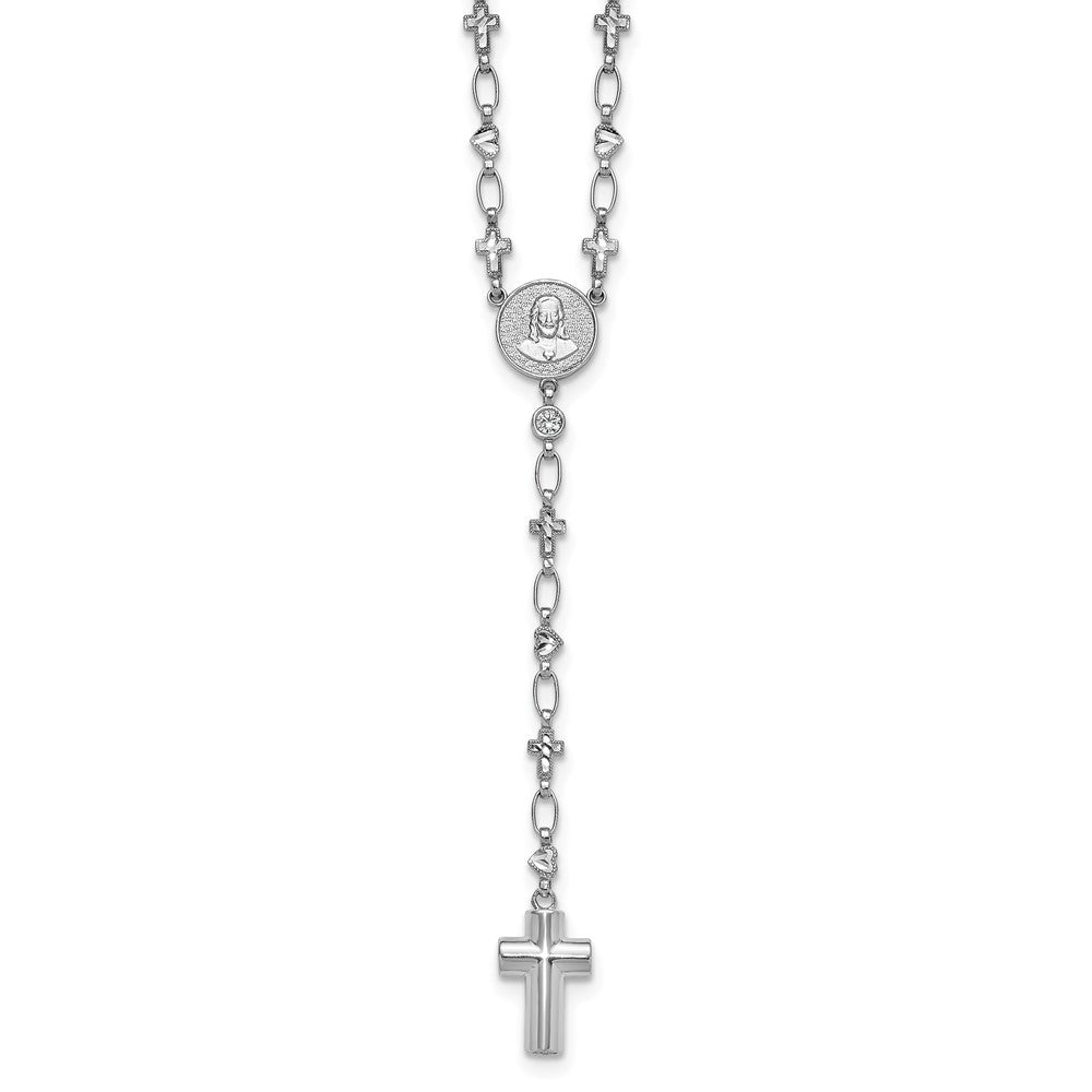 Sterling Silver Rhodium Plated CZ 28.5in Hrt/cross Link Cross Ash Holder Necklac