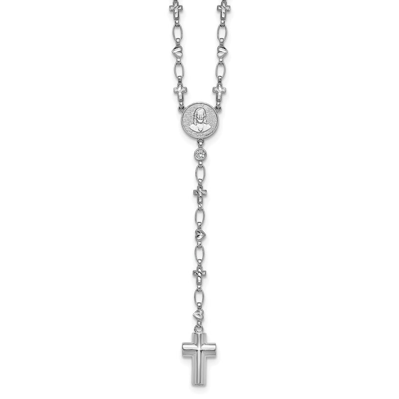 Sterling Silver Rhodium Plated CZ 28.5in Hrt/cross Link Cross Ash Holder Necklac