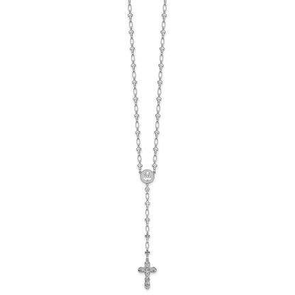 Sterling Silver Rhodium-Plat Polished CZ & D/c Cross 30.5in Rosary Necklace