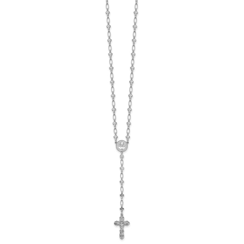 Sterling Silver Rhodium-Plat Polished CZ & D/c Cross 30.5in Rosary Necklace