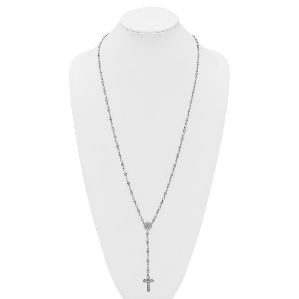 Sterling Silver Rhodium-Plat Polished CZ & D/c Cross 30.5in Rosary Necklace