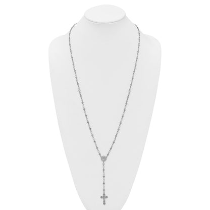 Sterling Silver Rhodium-Plat Polished CZ & D/c Cross 30.5in Rosary Necklace