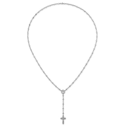 Sterling Silver Rhodium-Plat Polished CZ & D/c Cross 30.5in Rosary Necklace