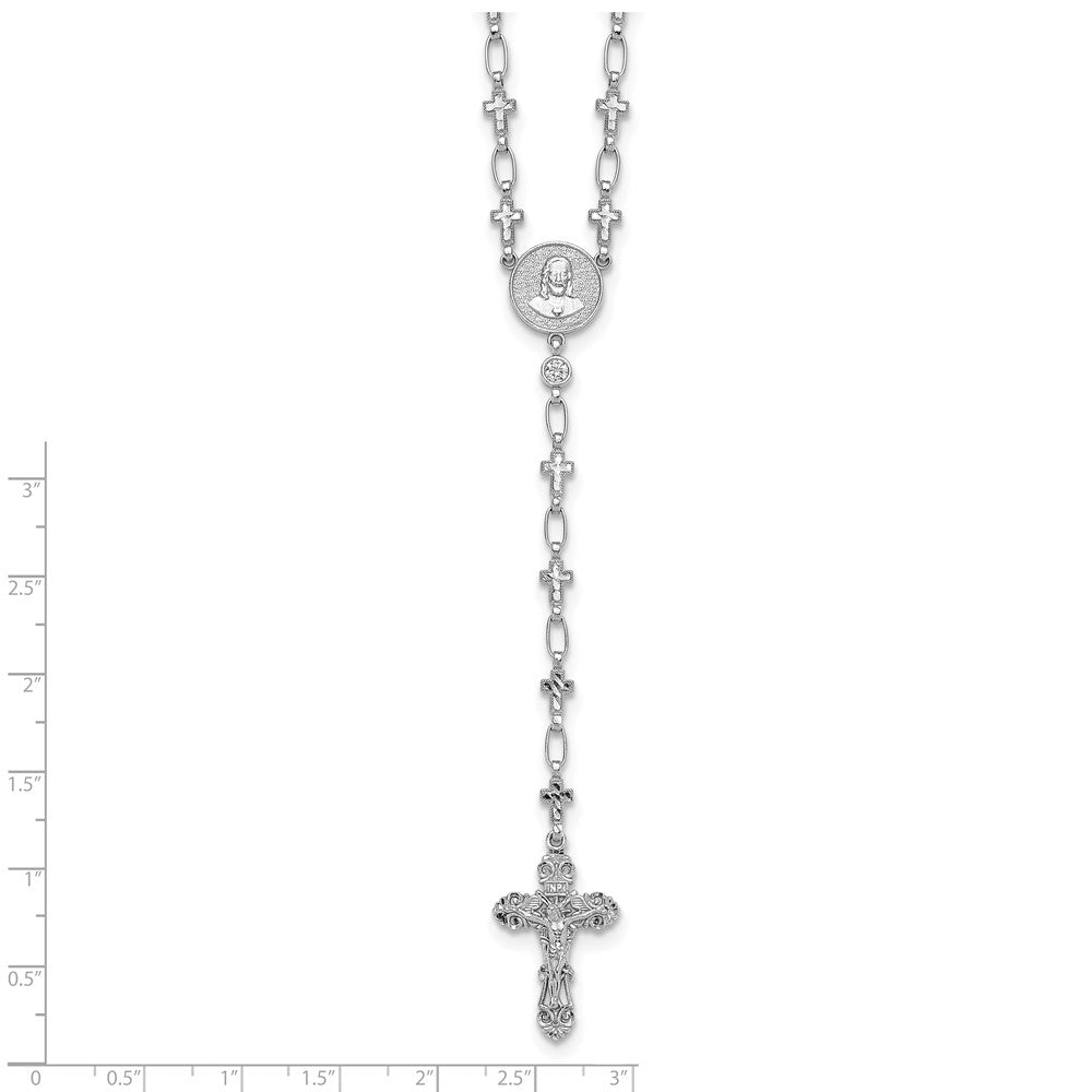 Sterling Silver Rhodium-Plat Polished CZ & D/c Cross 30.5in Rosary Necklace