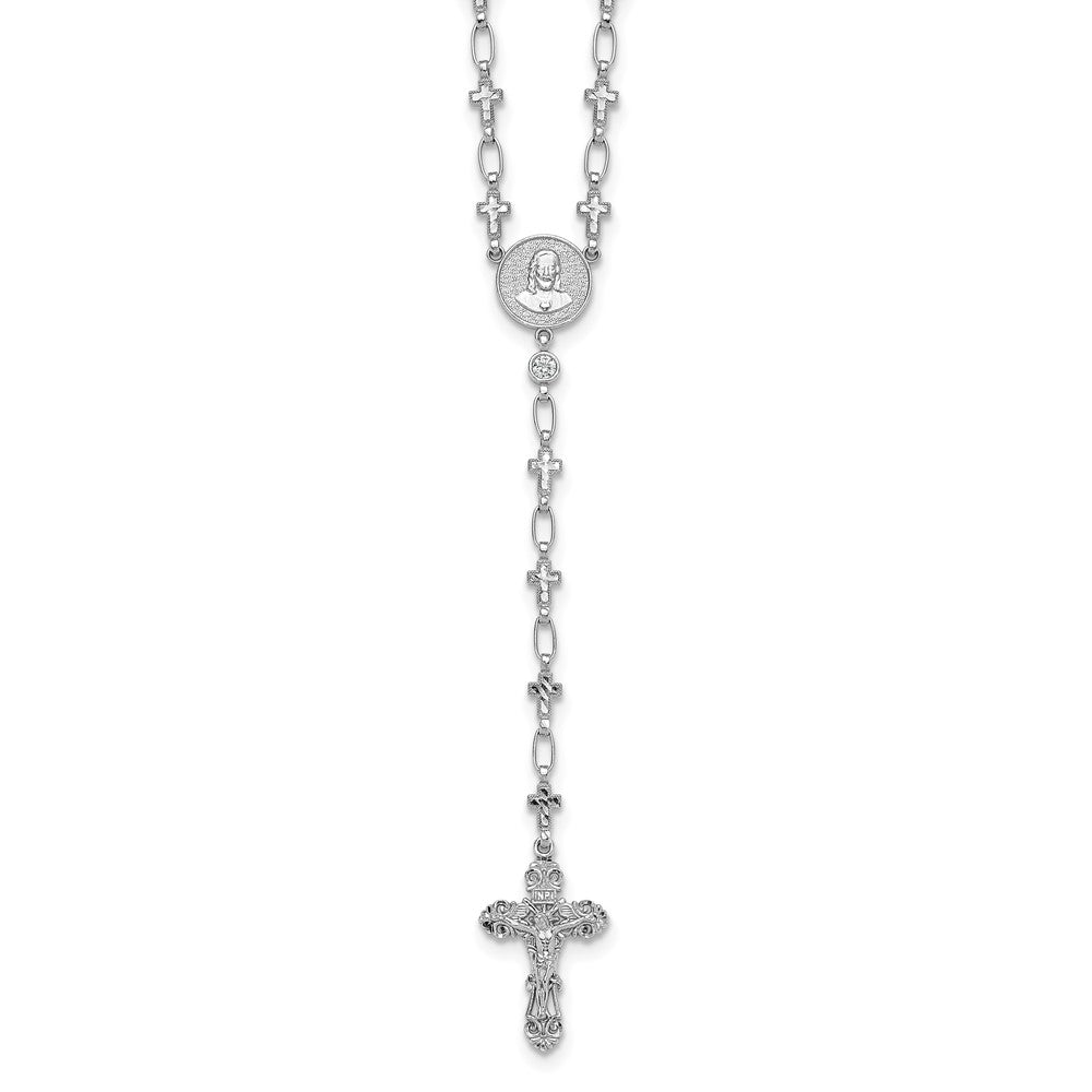 Sterling Silver Rhodium-Plat Polished CZ & D/c Cross 30.5in Rosary Necklace