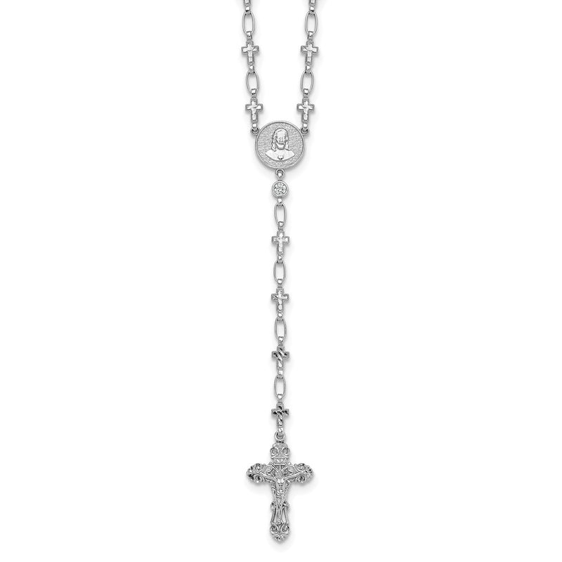 Sterling Silver Rhodium-Plat Polished CZ & D/c Cross 30.5in Rosary Necklace