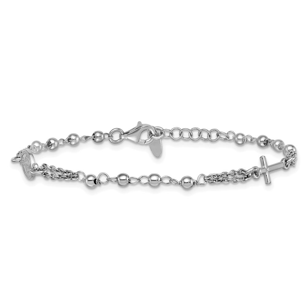 Sterling Silver Rhodium Plated 7.25in w/.5in Ext. Rosary Themed Bracelet