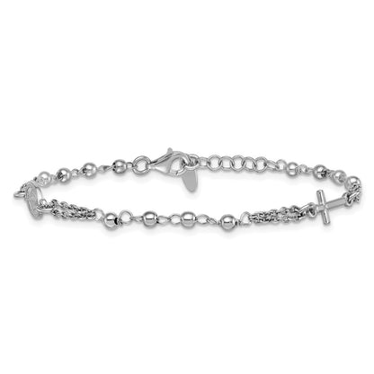 Sterling Silver Rhodium Plated 7.25in w/.5in Ext. Rosary Themed Bracelet