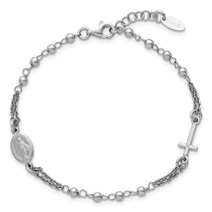 Sterling Silver Rhodium Plated 7.25in w/.5in Ext. Rosary Themed Bracelet
