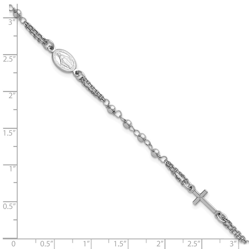 Sterling Silver Rhodium Plated 7.25in w/.5in Ext. Rosary Themed Bracelet