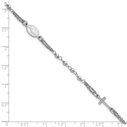 Sterling Silver Rhodium Plated 7.25in w/.5in Ext. Rosary Themed Bracelet