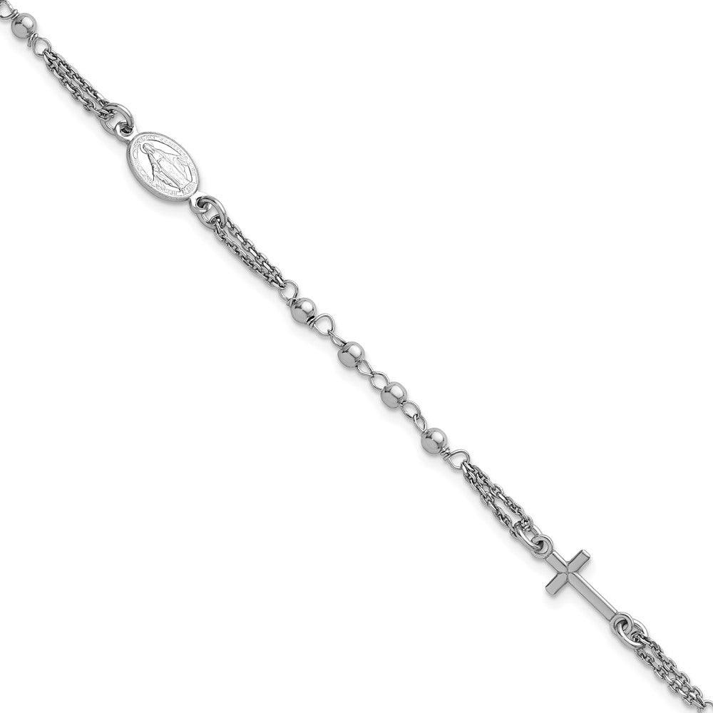 Sterling Silver Rhodium Plated 7.25in w/.5in Ext. Rosary Themed Bracelet