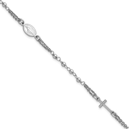 Sterling Silver Rhodium Plated 7.25in w/.5in Ext. Rosary Themed Bracelet