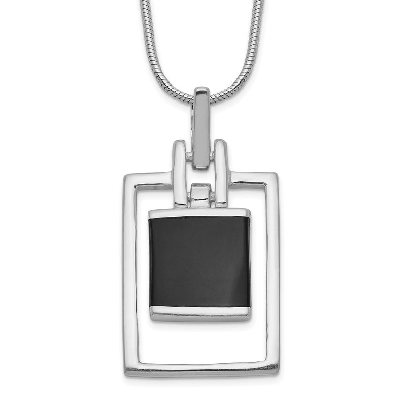 Sterling Silver Rhodium-Plated Square Onyx Pendant Necklace