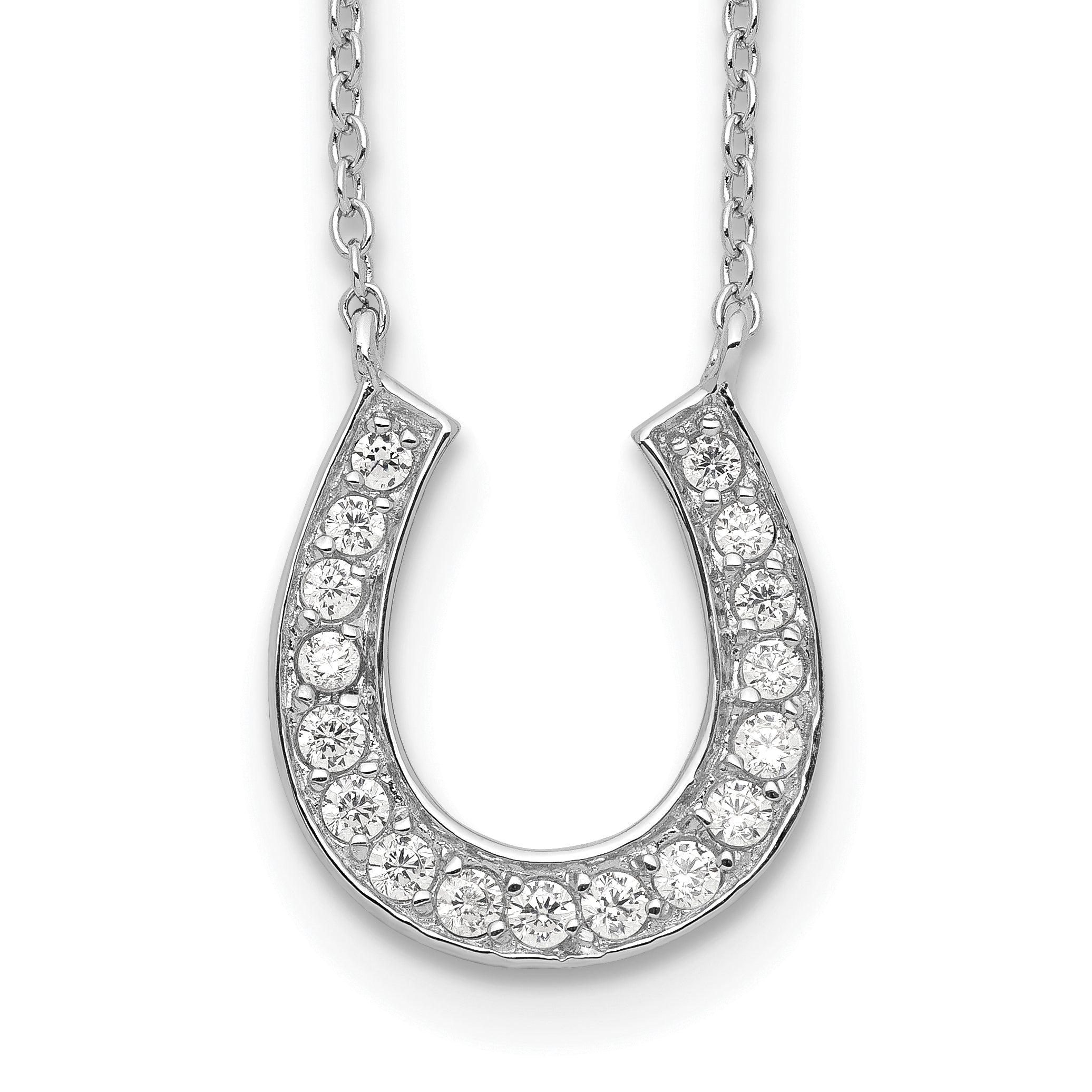 Sterling Silver Rhodium-Plated 16In W/2In Ext Cz Horseshoe Necklace
