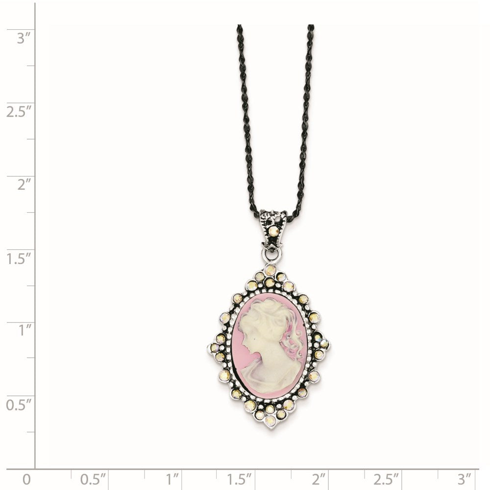 Sterling Silver Antiqued Pink Resin Cameo W/Crystal Necklace
