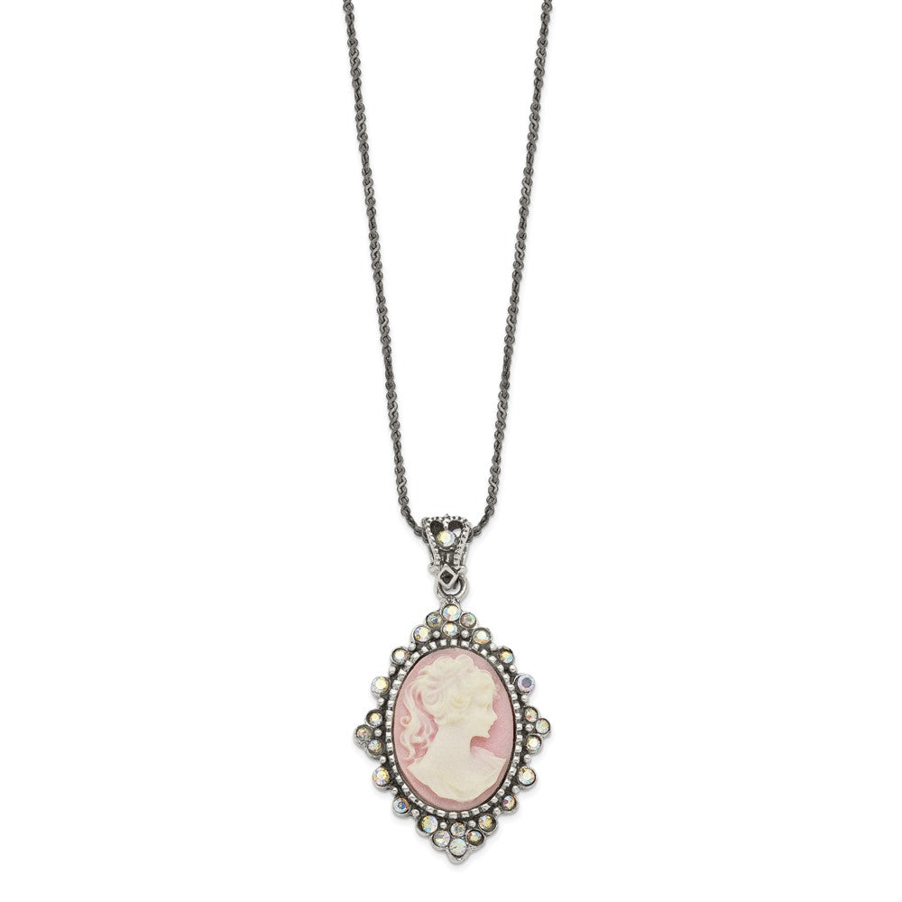 Sterling Silver Antiqued Pink Resin Cameo W/Crystal Necklace