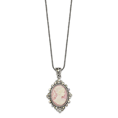 Sterling Silver Antiqued Pink Resin Cameo W/Crystal Necklace