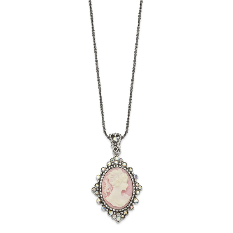 Sterling Silver Antiqued Pink Resin Cameo W/Crystal Necklace