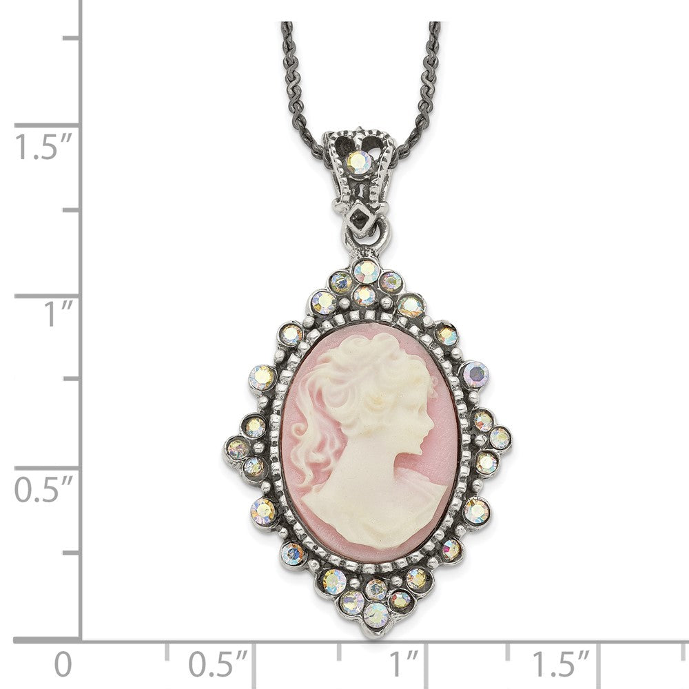 Sterling Silver Antiqued Pink Resin Cameo W/Crystal Necklace