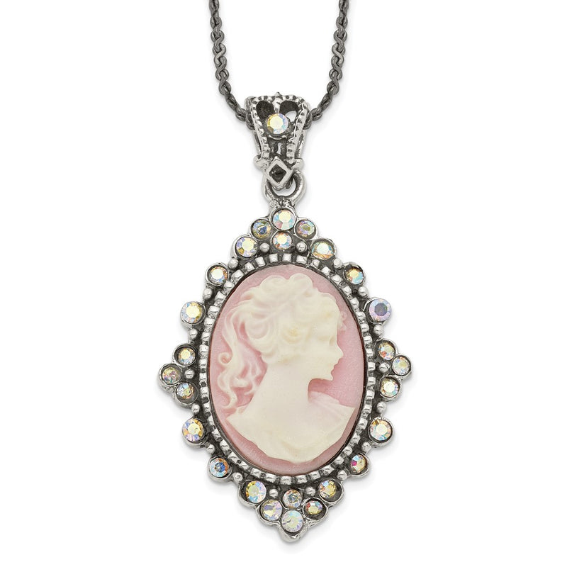 Sterling Silver Antiqued Pink Resin Cameo W/Crystal Necklace