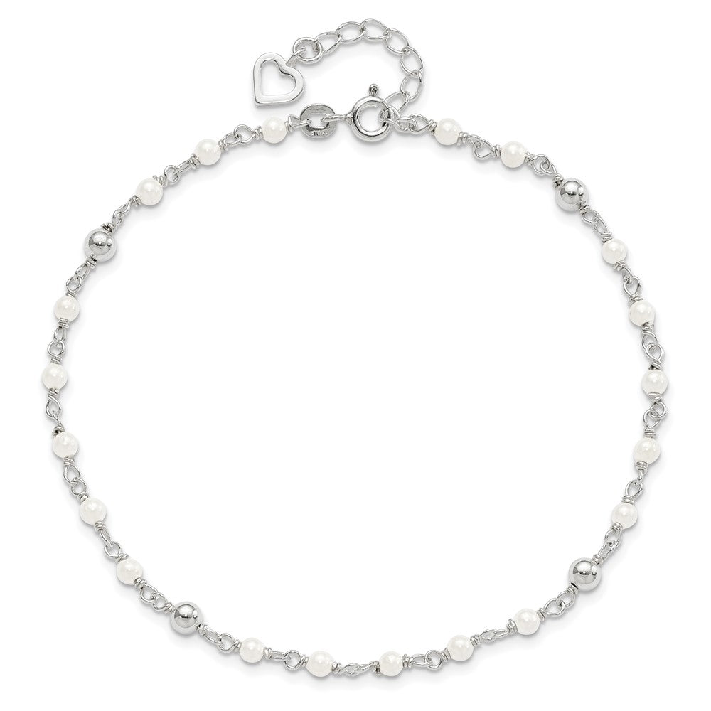 Sterling Silver Polished 9In Plus 1In Ext Fwc Pearl And Heart Anklet