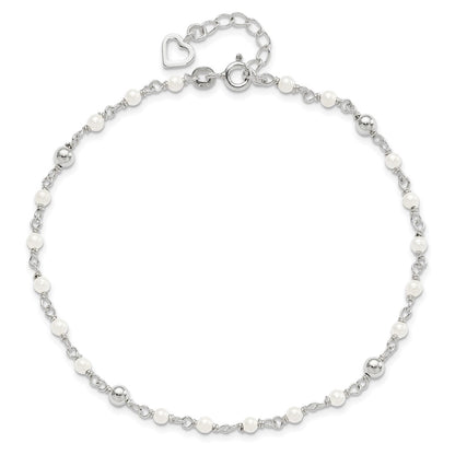 Sterling Silver Polished 9In Plus 1In Ext Fwc Pearl And Heart Anklet