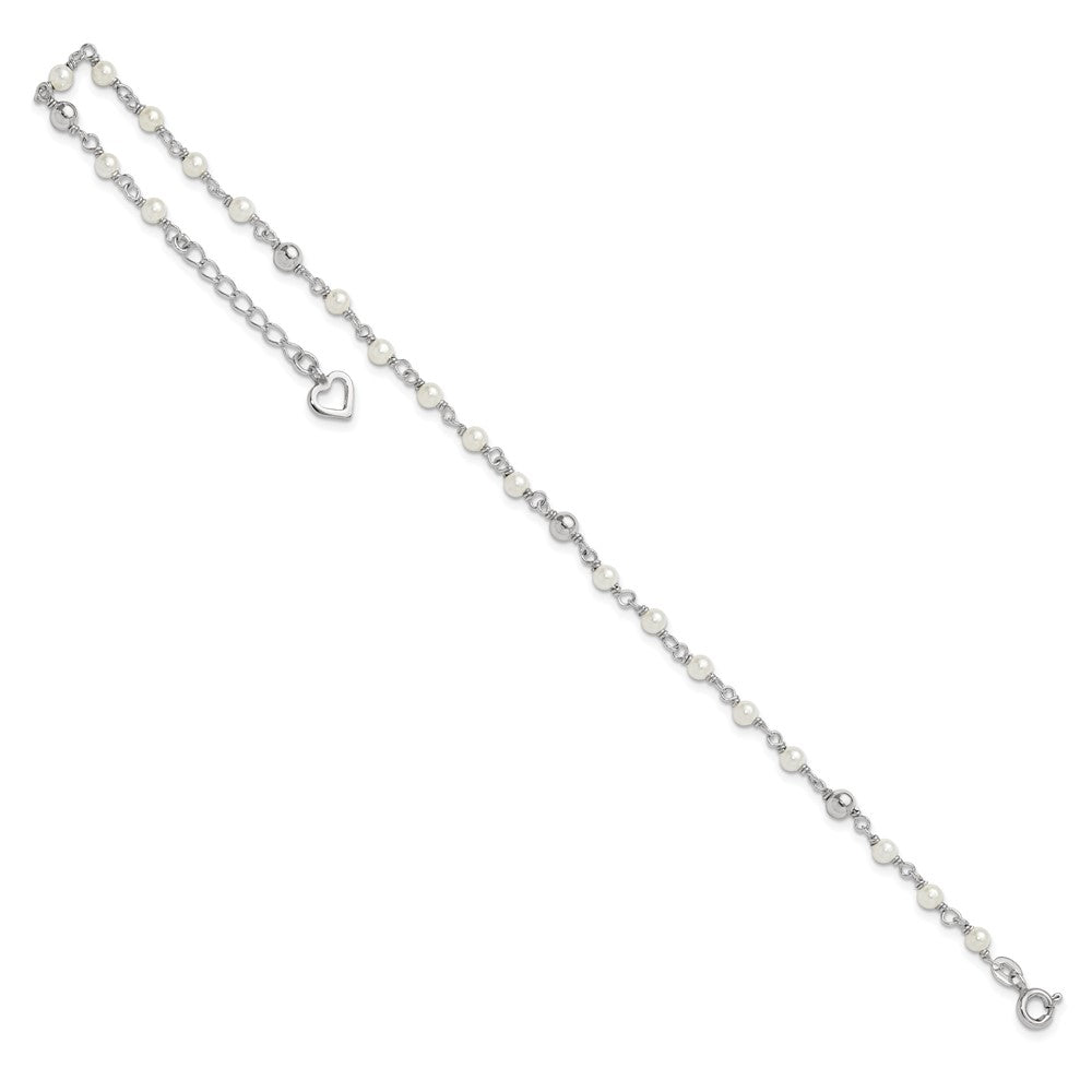 Sterling Silver Polished 9In Plus 1In Ext Fwc Pearl And Heart Anklet