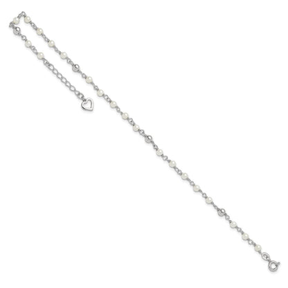 Sterling Silver Polished 9In Plus 1In Ext Fwc Pearl And Heart Anklet