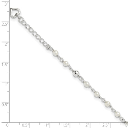 Sterling Silver Polished 9In Plus 1In Ext Fwc Pearl And Heart Anklet